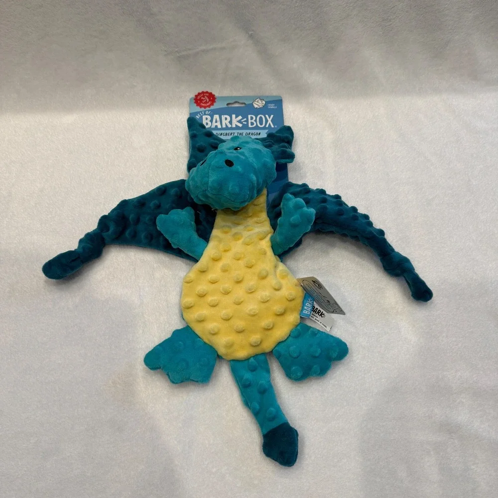 BarkBox Dingbert the Dragon Plush Squeaky Crinkle Dog Toy Teal Yellow New